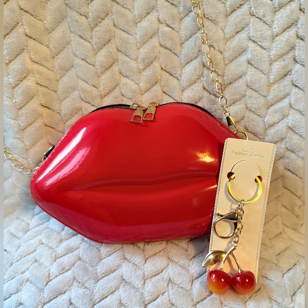 NWT! Red Lip-Shaped Women's Bag and Cherry Keychain